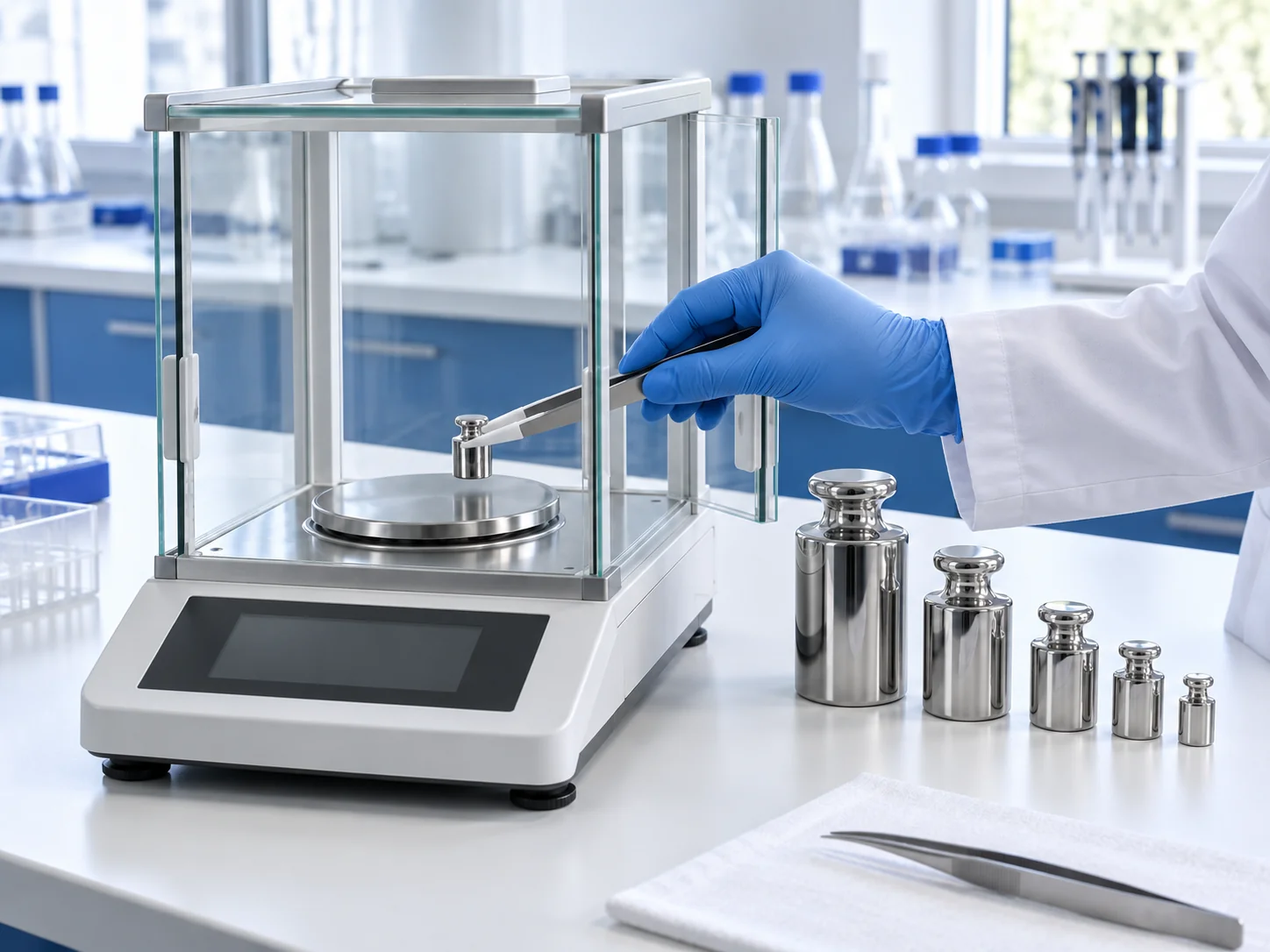 Técnico de Metrol realizando una calibración de precisión en laboratorio